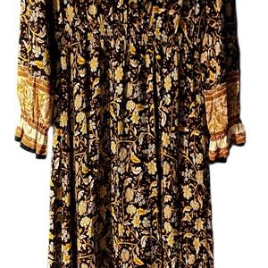 Elegant Floral Long Sleeve Dress - Black and Yellow